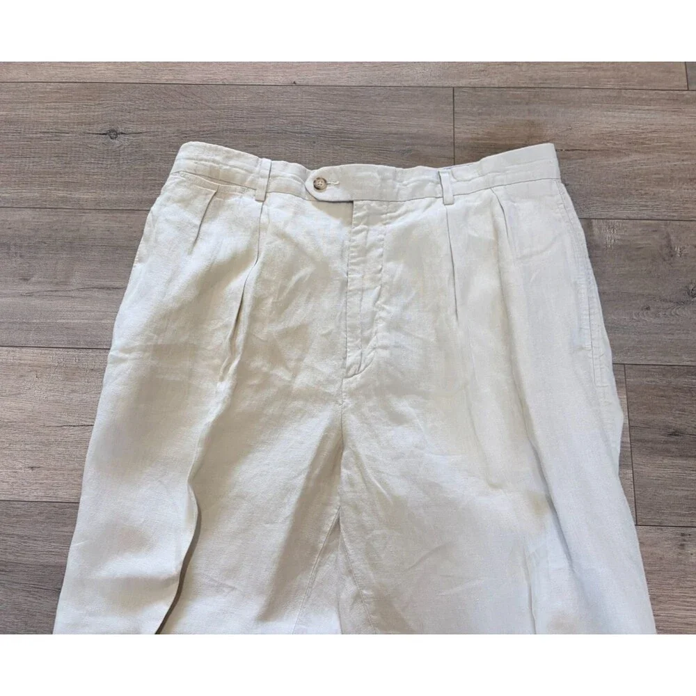 Daniel Cremieux Mens 34X32 100% Linen Beige Pleated Cuffed Beach Casual Pants